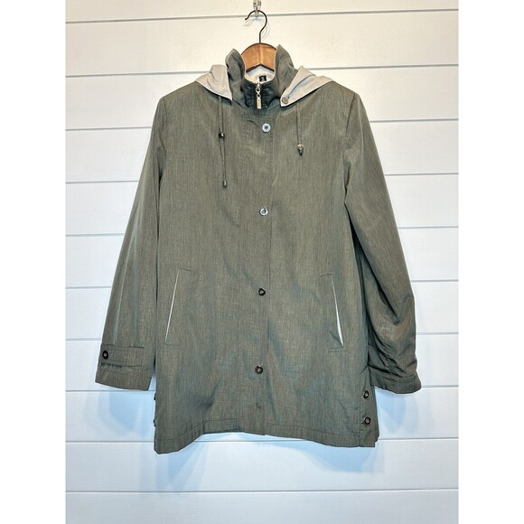 Manteaux Women's Rain Jacket SMALL Green Khaki Zip Snap Hooded Lined Rain Coat - Picture 5 of 11
